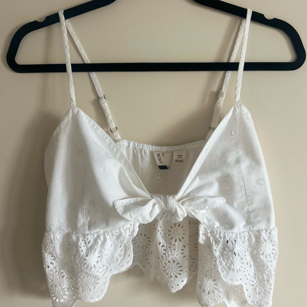 Roxy White Eyelet Tie-Front Crop Top